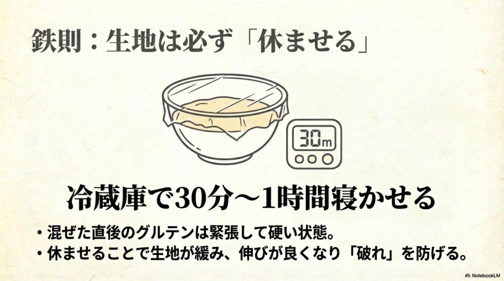 クレープの生地を混ぜたあと、冷蔵庫で30分から1時間ほど休ませることで、生地が落ち着いて破れにくくなるという大切なコツを解説しています。