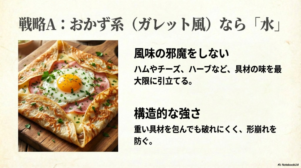 ハムや卵などのおかずを包むクレープには、具材の味を引き立てて破れにくい水を使った生地がぴったりであることを紹介しています。