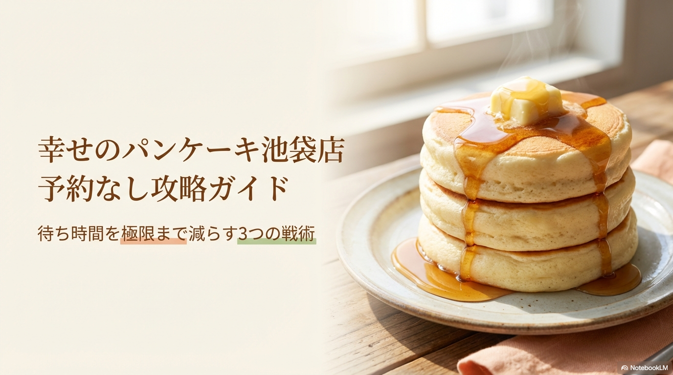 幸せのパンケーキ池袋店に予約なしで行く際の待ち時間を減らす、3つの戦術をまとめたスライドの表紙です。