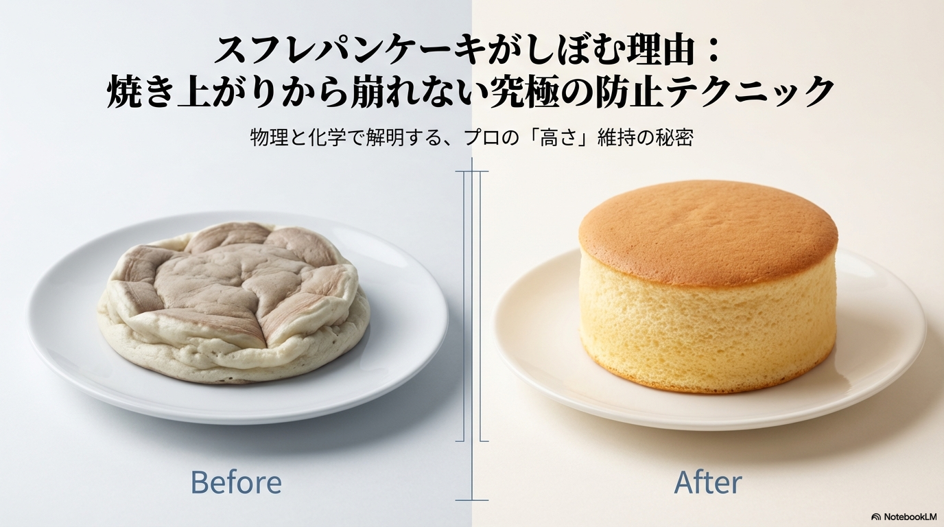 スフレパンケーキが焼き上がり後にしぼむ理由と、きれいな形を保つためのプロの防止テクニックを解説したタイトル画像です。