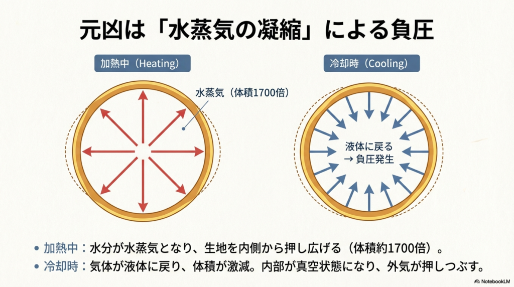 パンケーキを温めているときは水蒸気で大きく膨らみ、冷えると水蒸気が水に戻って内側に引っ張られる力が生まれる仕組みの図解です。