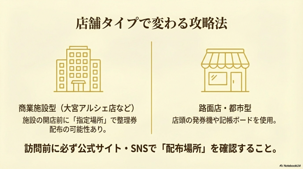 店舗の立地に合わせた待ち時間攻略法 商業施設内にある店舗と路面の店舗では整理券の配られ方が異なるため、行くお店のタイプに合わせた対策が必要です。