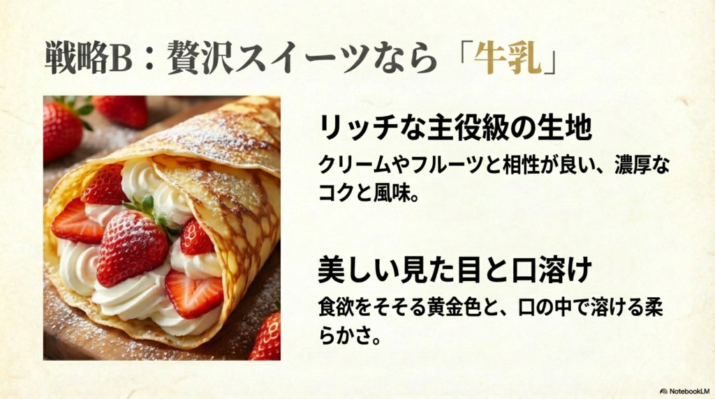 クリームやフルーツをたっぷり使うスイーツ系のクレープには、濃厚な風味で見た目もきれいな牛乳を使った生地がよく合うことを紹介しています。