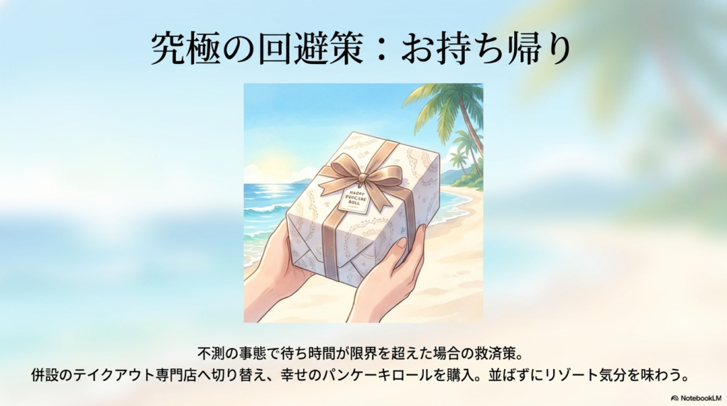 待ち時間が長すぎる場合の備えとして、併設されているテイクアウト専門店で幸せのパンケーキロールを購入する回避策を案内しています。