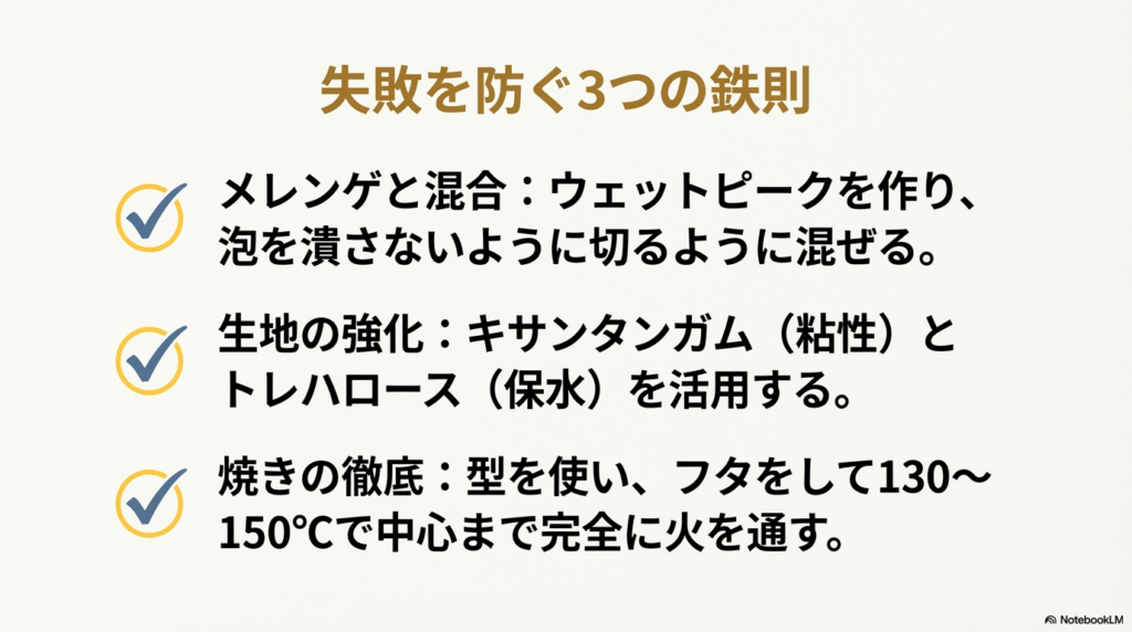 メレンゲの混ぜ方、生地にとろみをつける工夫、そしてフタをしてじっくり焼くという、パンケーキ作りで失敗しないための3つの大切なポイントです。