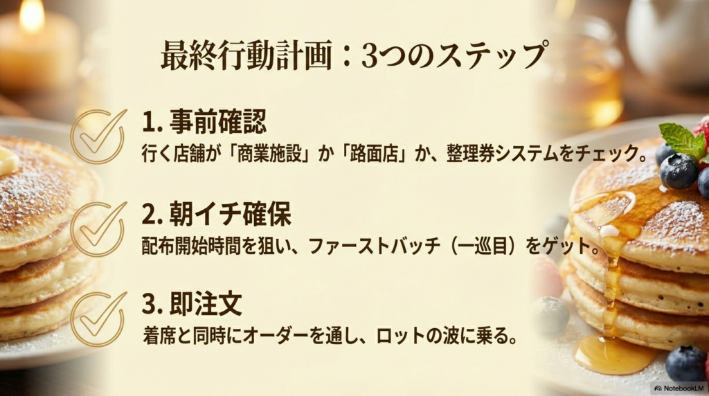 事前に店舗のシステムを確認し、朝一番に整理券を取り、席に着いたらすぐに注文するという3つのステップでお店を攻略します。