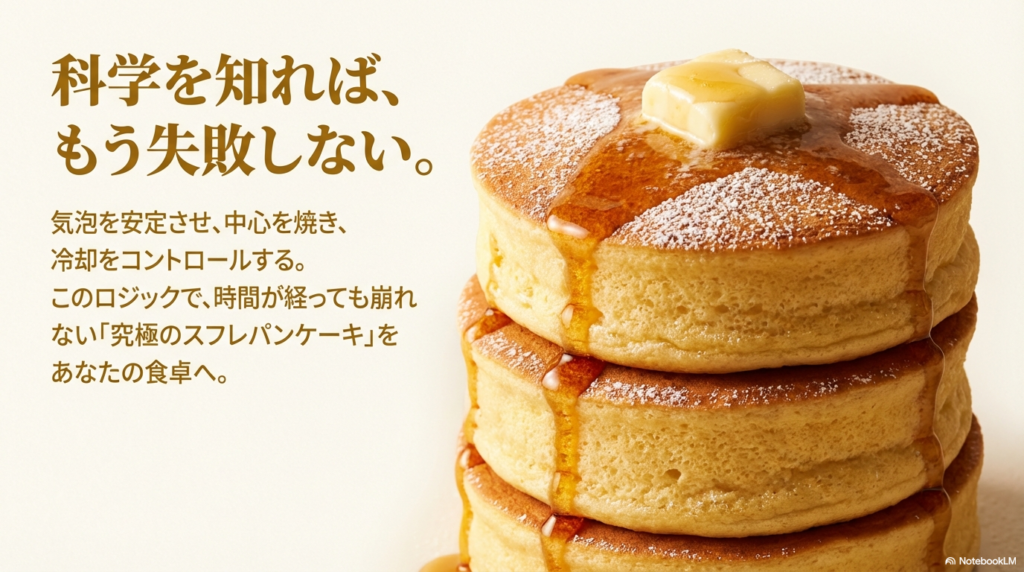 しぼむ理由と対策をしっかり知ることで、時間が経っても崩れない究極のスフレパンケーキがお家で作れるというメッセージです。