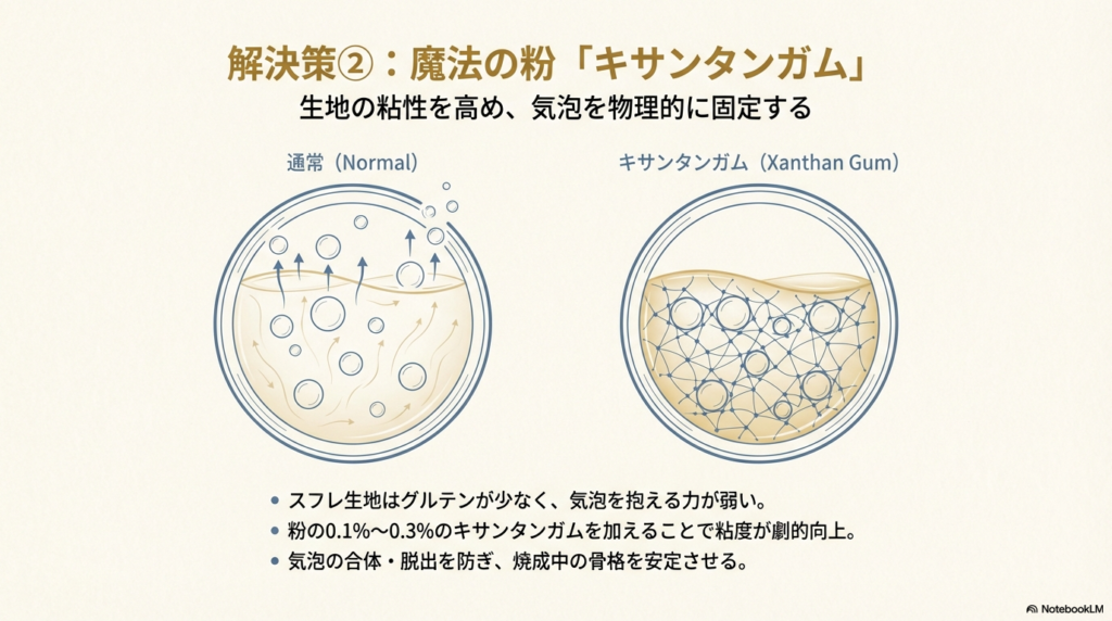 魔法の粉と呼ばれるキサンタンガムを少し混ぜることで、生地にとろみがつき、中の空気が逃げにくくなる様子を表しています。