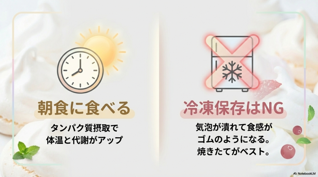 メレンゲパンケーキの推奨される食事タイミングと保存の注意点 代謝アップのために朝食に食べることや食感を損なうため冷凍保存は避けるべき理由