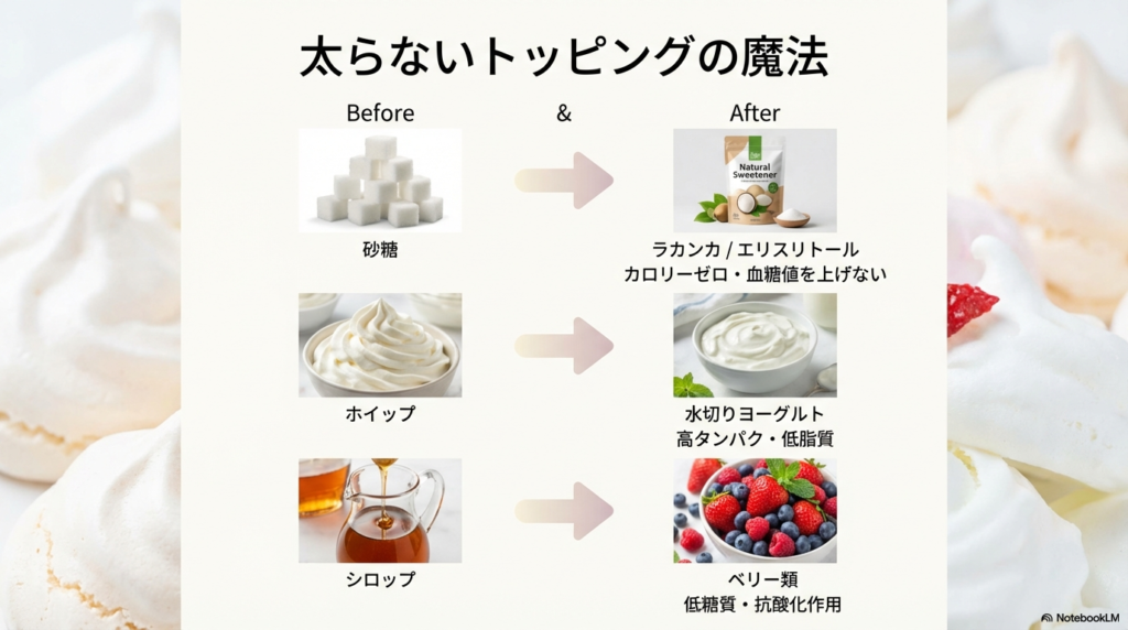 ダイエット中でも太らないトッピングのビフォーアフター 砂糖やホイップクリームを天然甘味料や水切りヨーグルトに置き換えるカロリーオフの具体例
