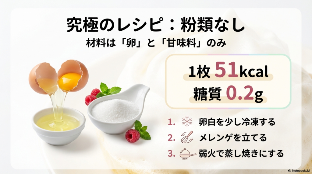 粉類なしで糖質を抑えた究極のメレンゲパンケーキレシピ 材料は卵と甘味料のみで作る1枚51kcalの低糖質パンケーキの作り方手順
