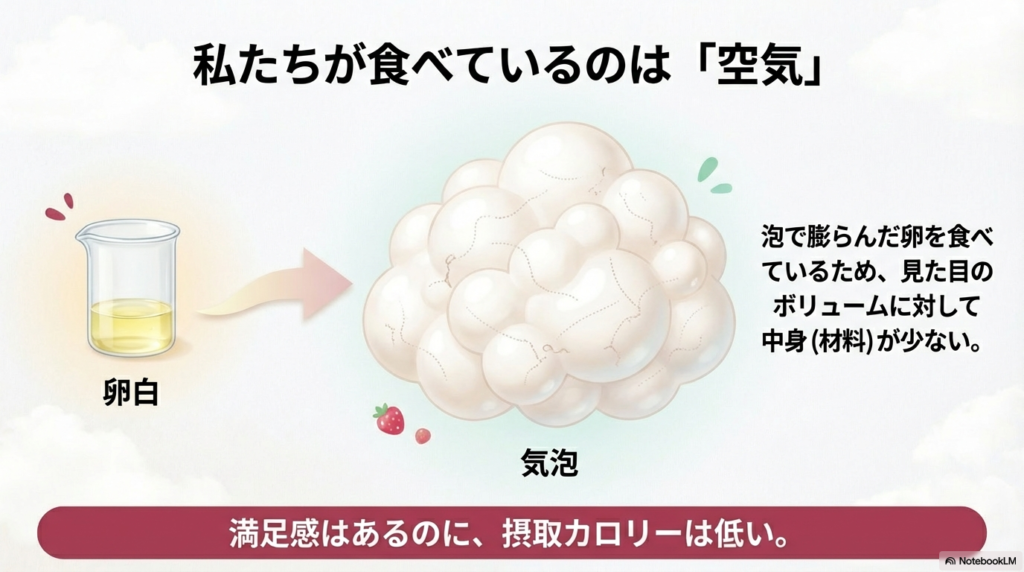 メレンゲの気泡が低カロリーと満足感を生む仕組み 卵白の泡でボリュームを出すことで見た目の満足感と低カロリーを両立する仕組み