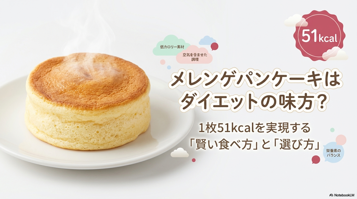 1枚51kcalを実現するメレンゲパンケーキの賢い食べ方と選び方を解説したスライドの表紙
