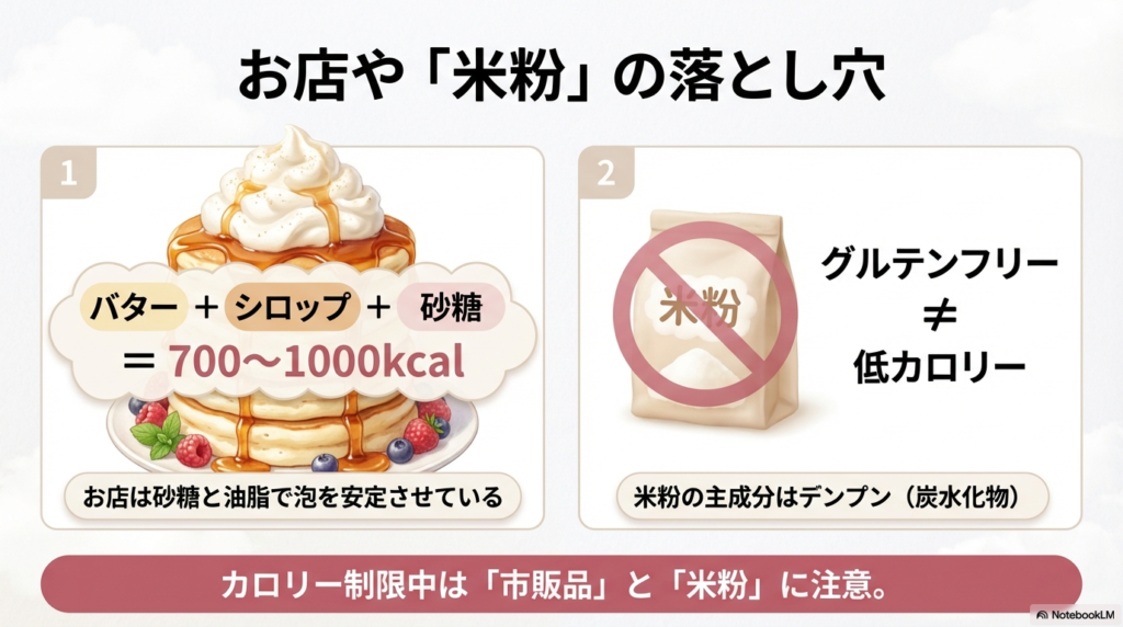 お店のパンケーキや米粉が高カロリーになる理由 バターや砂糖によるカロリー増加や米粉が必ずしも低カロリーではない理由を解説した図
