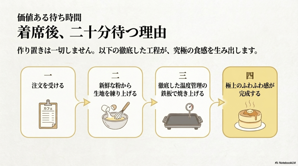 注文を受けてから新鮮な生地を練り、徹底した温度で焼き上げるため、席についてから20分待つ必要があることを説明した画像です