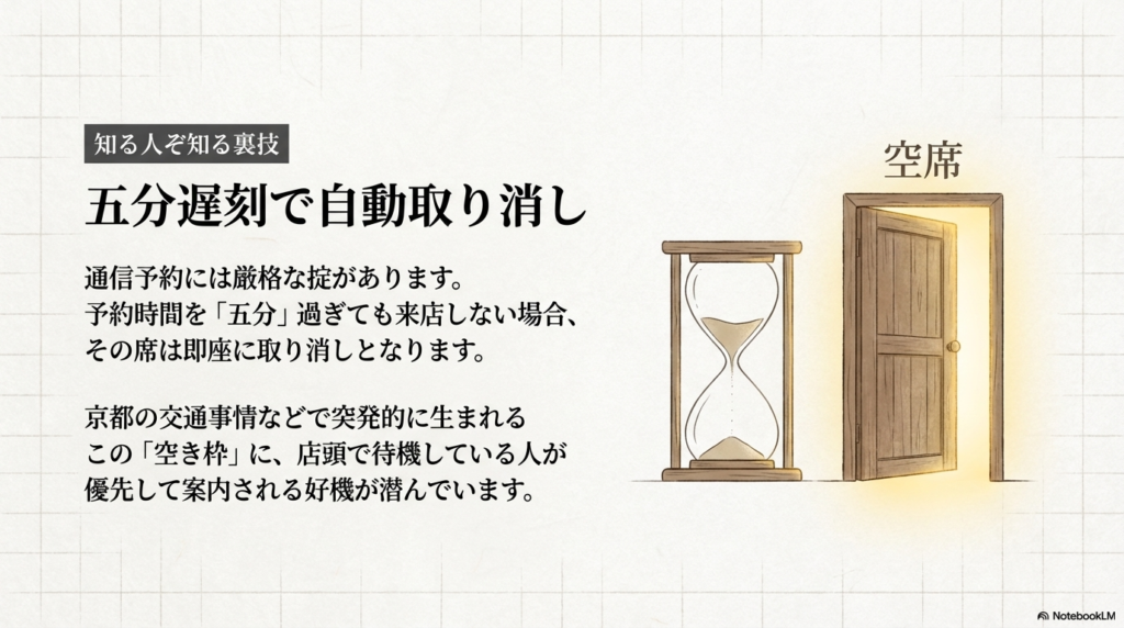 予約時間を5分過ぎると自動で取り消しになるお店のルールと、その空き枠に入りやすくなる裏技を紹介したスライドです