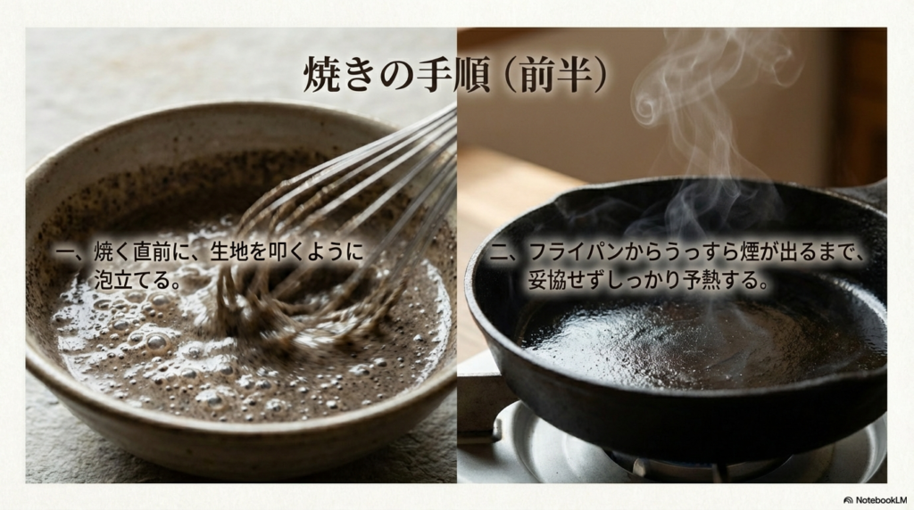 焼く直前に生地を泡立てることや、フライパンからうっすら煙が出るまでしっかり温めるという、焼き方の前半の手順です。