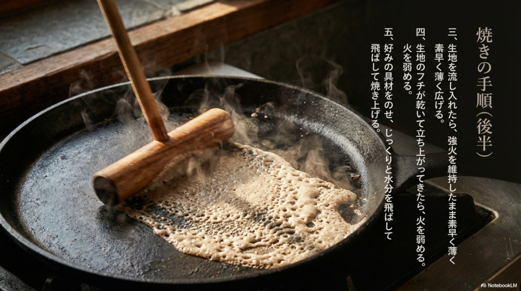 生地を素早く薄く広げ、フチが乾いたら火を弱めてじっくり焼き上げるという、焼き方の後半の手順です。