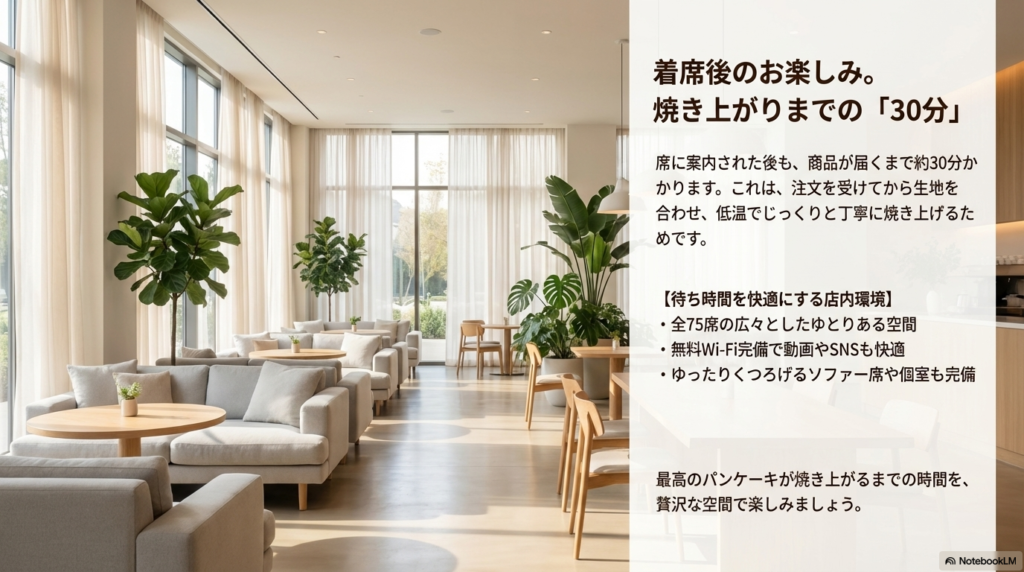 注文を受けてからパンケーキが焼き上がるまでに約30分かかりますが 、全75席の広い店内には無料Wi-Fiやソファー席があり 、リラックスして過ごせます