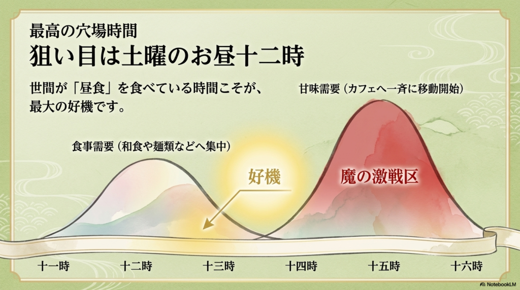 世間の人がお昼ご飯を食べる12時頃が、カフェの混雑を避けられる一番の好機であることをグラフで解説した画像です