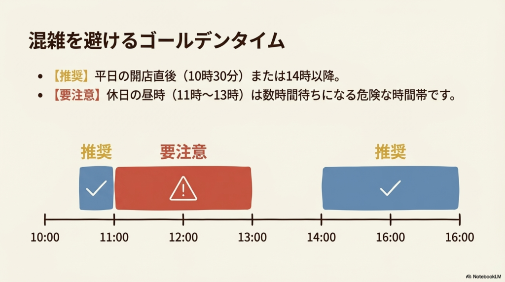 平日の開店直後や14時以降がおすすめで、休日の昼時は数時間待ちになる危険があることを示した時間帯のグラフです。