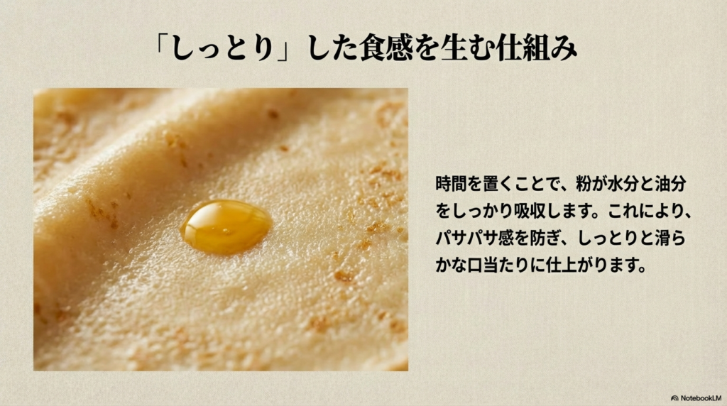 時間を置いて生地を休ませることで、粉が水分と油分を吸収し、しっとりと滑らかな口当たりになる仕組みを説明するスライド画像。