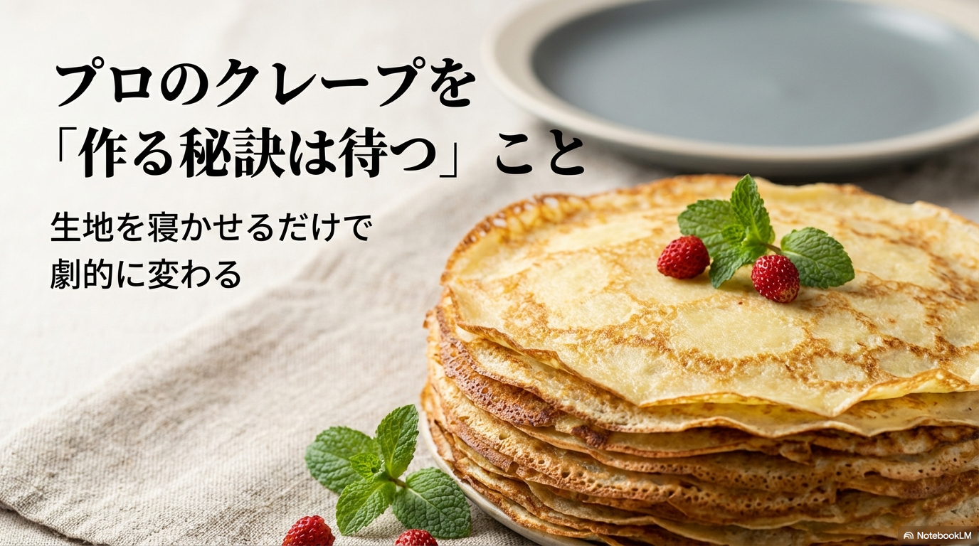プロのクレープを作る秘訣は生地を寝かせて待つことであることを伝えるスライド表紙画像