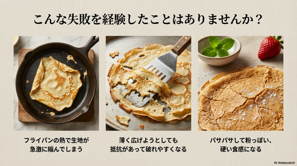 クレープ生地がフライパンで縮んだり、破れたり、パサパサになってしまう失敗例をまとめたスライド画像。