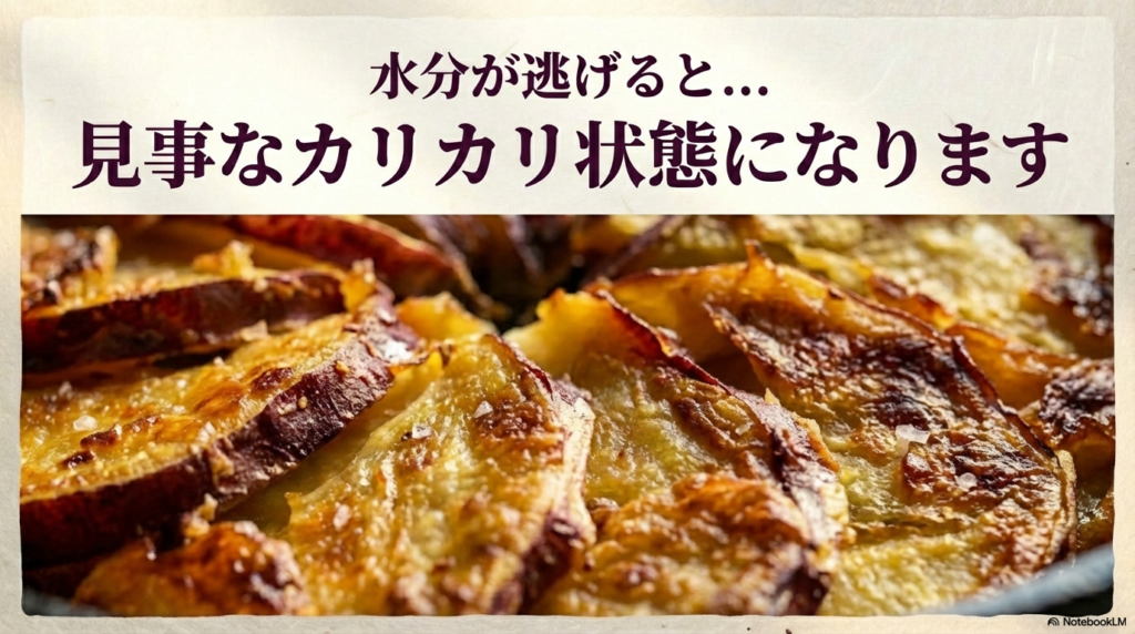 黄金色に焼けたさつまいもガレットの写真とともに、水分が逃げることで見事なカリカリ状態に仕上がることを伝えたスライド