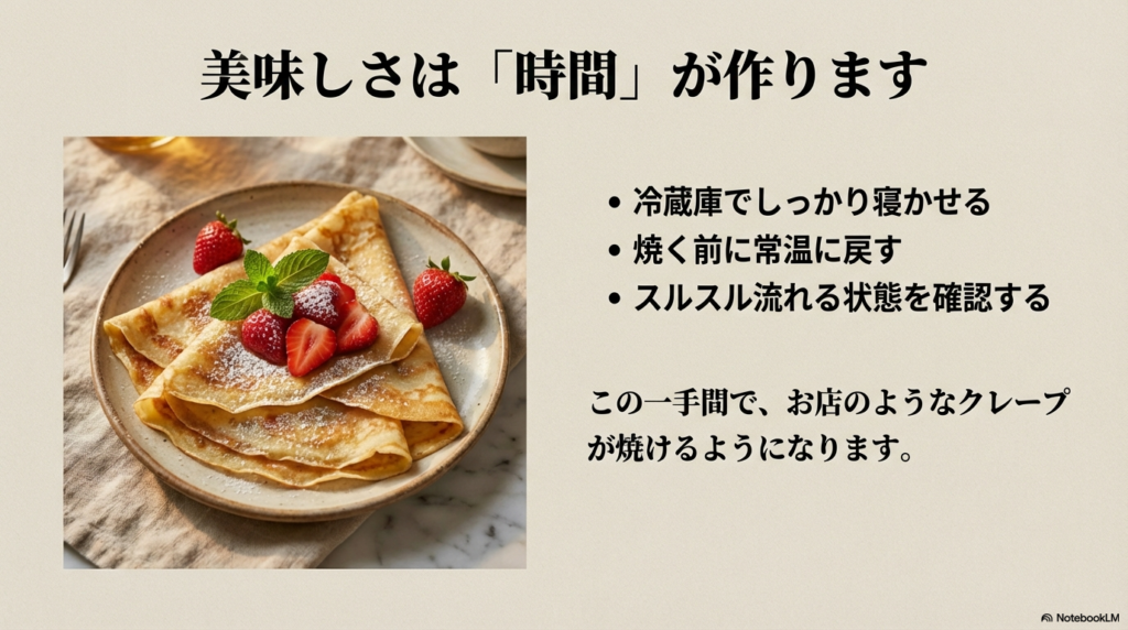 冷蔵庫でしっかり寝かせ、焼く前に常温に戻し、スルスル流れる状態を確認するという一手間で美味しいクレープが焼けるというまとめのスライド画像。