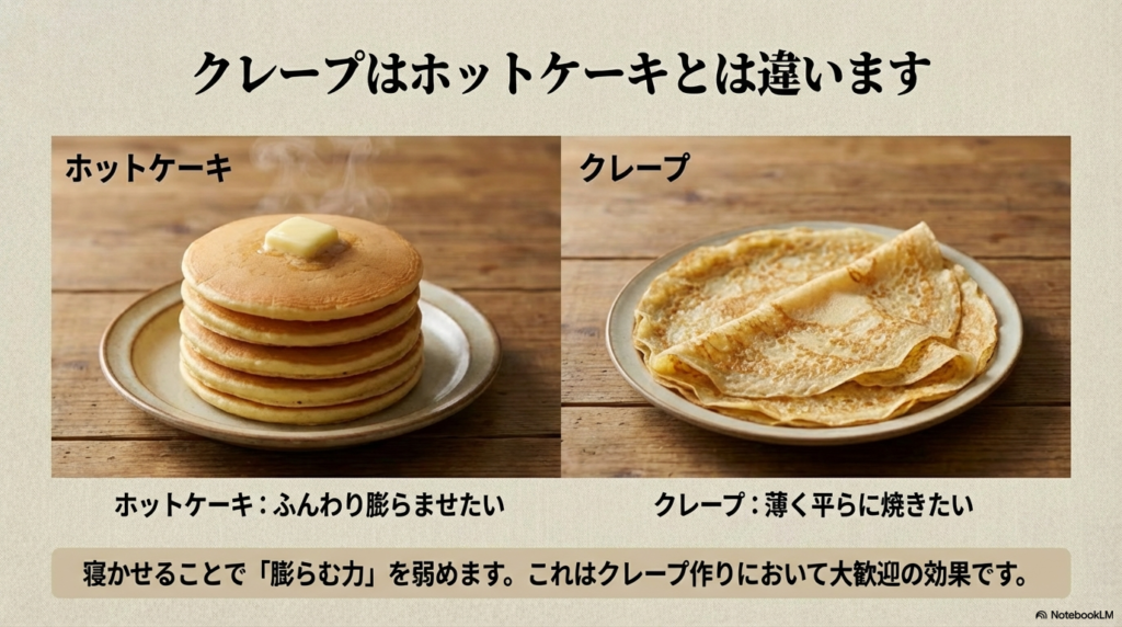 ホットケーキはふんわり膨らませるのに対し、クレープは寝かせて膨らむ力を弱め薄く平らに焼くのがよいという違いを説明するスライド画像。