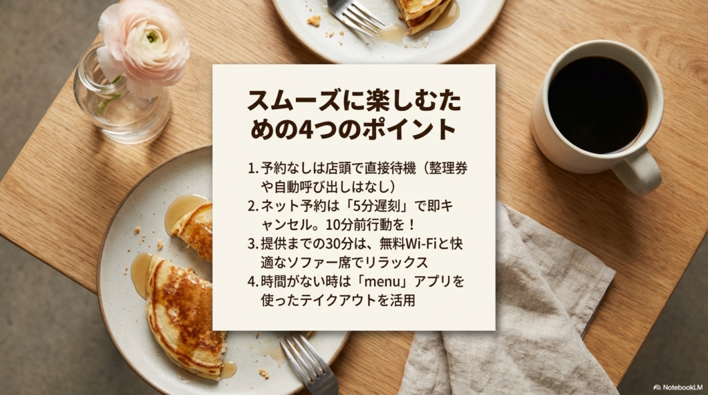 店頭での直接待機 、ネット予約の5分遅刻ルール 、提供までの快適な待ち時間 、アプリを使ったテイクアウト など、お店をスムーズに楽しむための4つのポイントをまとめています。