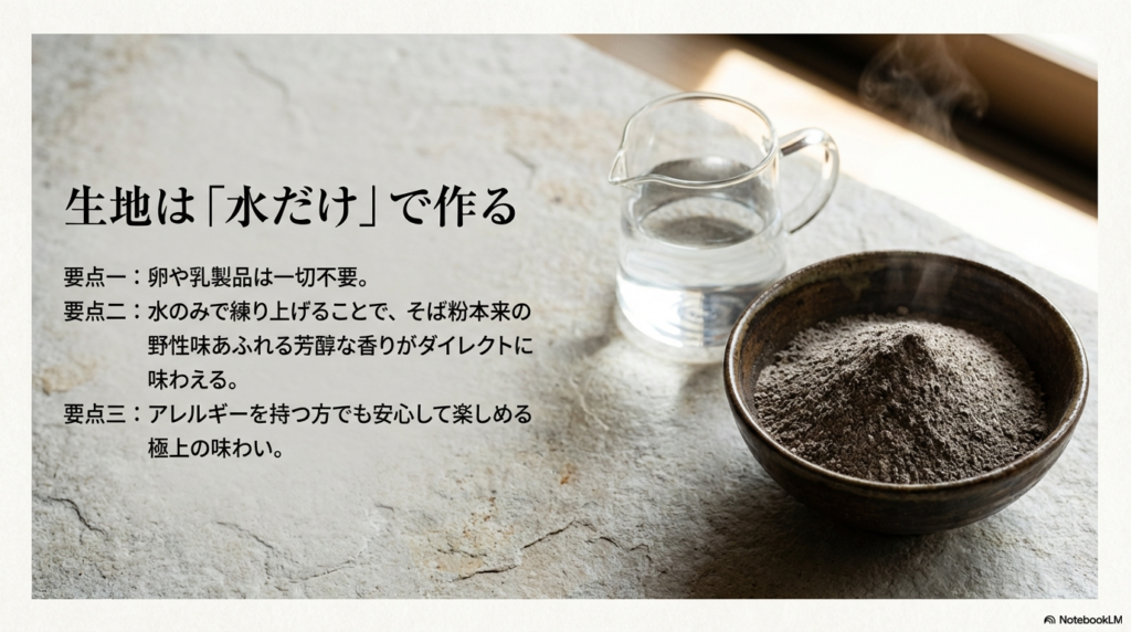 卵や牛乳などを使わず、水だけで生地を作ることで、そば粉の香りがしっかり引き立つことを説明したスライドです。