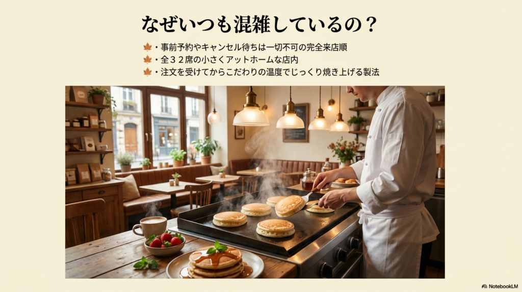 お店がいつも混雑している理由として、事前予約ができないこと、全32席の小さな店内であること、注文を受けてからじっくりと焼き上げる製法であることを説明したスライドです。 