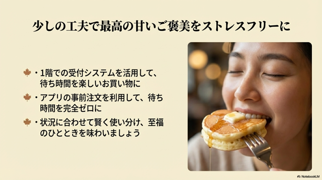 1階での受付システムを活用して待ち時間を買い物にあてたり、アプリの事前注文を利用して待ち時間をゼロにしたりと、状況に合わせて賢く使い分けて至福のひとときを味わうための工夫をまとめたスライドです。