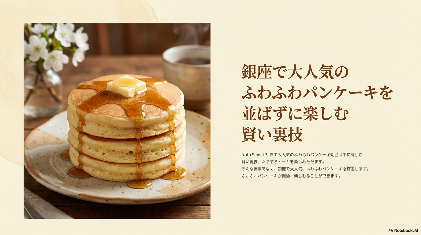 銀座で大人気のふわふわパンケーキを並ばずに楽しむための、賢い裏技を紹介したスライドの表紙画像です。
