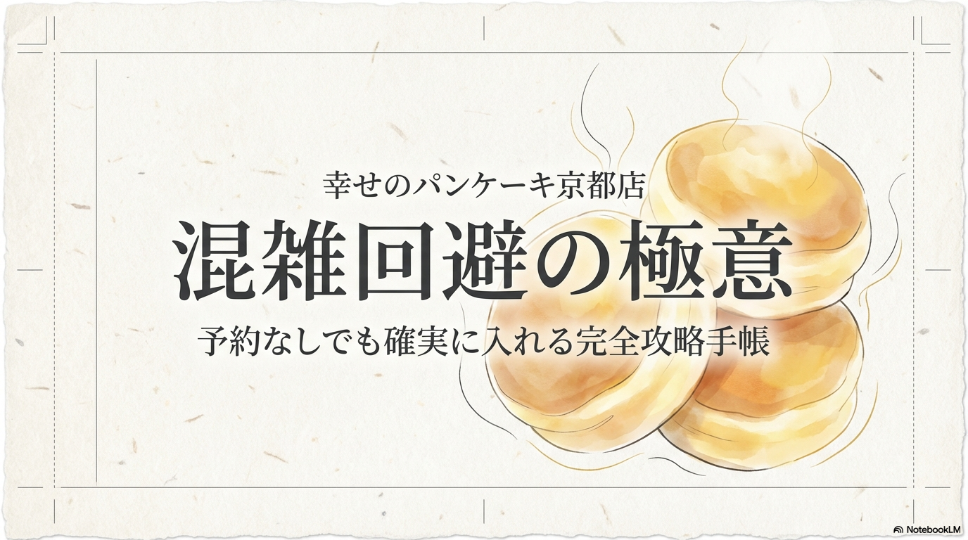 幸せのパンケーキ京都店で混雑を避けて、事前の予約なしでもお店に入るためのコツをまとめた表紙画像です。