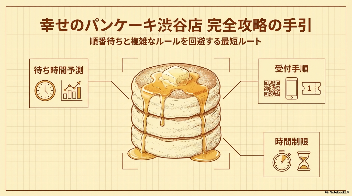 幸せのパンケーキ渋谷店をスムーズに楽しむための、順番待ちやルールを解説した攻略ガイドの表紙画像です