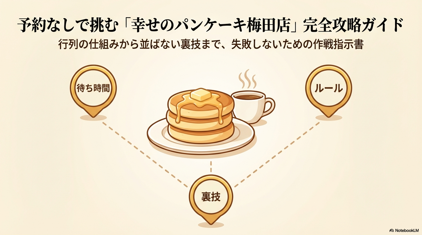 予約なしで幸せのパンケーキ梅田店を訪れるための行列の仕組みや裏技を解説した、完全攻略ガイドの表紙画像です。