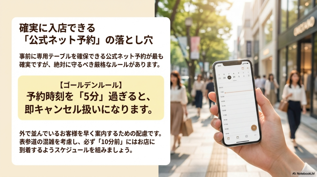公式ネット予約は確実ですが、予約時間を5分過ぎるとすぐにキャンセル扱いになります 。表参道の混雑も考えて、必ず10分前にはお店に到着するようにスケジュールを組みましょう