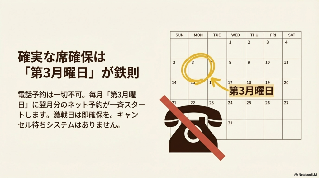 幸せのパンケーキ札幌店では電話予約ができず、毎月第3月曜日に翌月分のネット予約が一斉にスタートすることを説明したカレンダーの画像です。