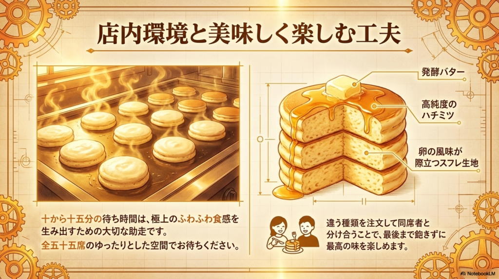 パンケーキのこだわりとシェアのすすめ 10分から15分かけて丁寧に焼き上げるスフレ生地のこだわりと、同席者とシェアして最後まで美味しく食べるコツを紹介した画像です。