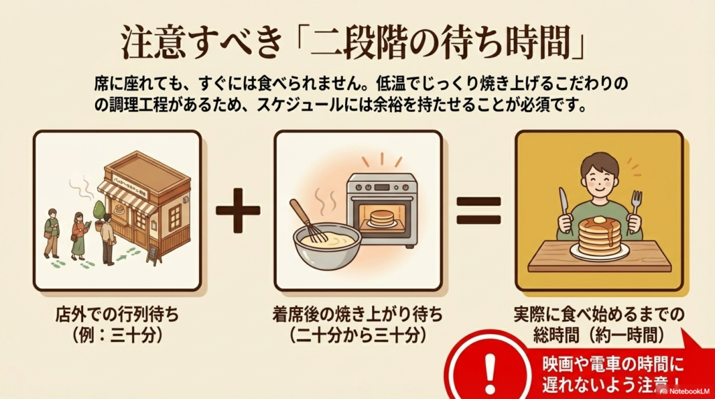 二段階の待ち時間に関する注意点 店外での行列待ちに加え、着席後もパンケーキを焼き上げるために約20分から30分かかるという「二段階の待ち時間」を説明した図解です。