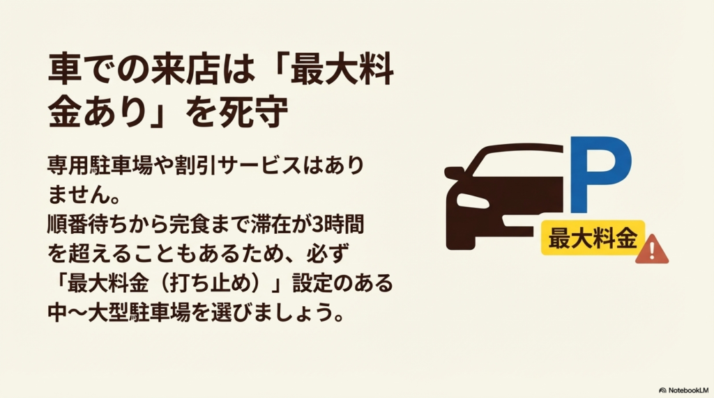 お店には専用駐車場がないため、滞在時間が長くなることを考慮して最大料金の設定がある駐車場を選ぶよう促すスライドです。