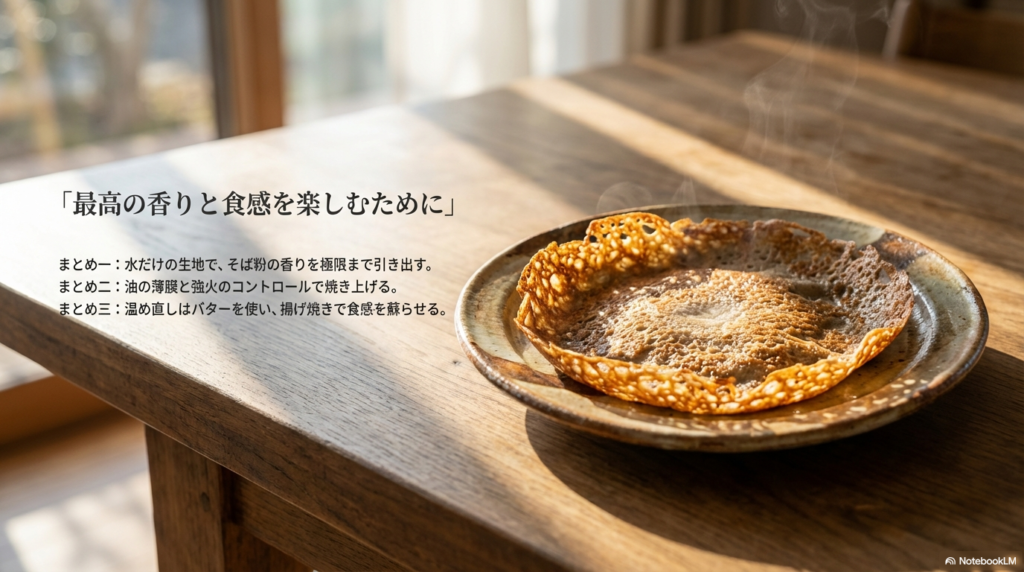 水だけの生地、油の薄い膜と火加減、バターでの温め直しという、ガレットを美味しく作るポイントのおさらいです。