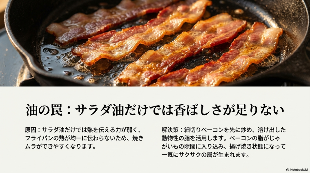 サラダ油だけでは熱が均一に伝わらないため、先に細切りベーコンを炒めて動物性の脂を出し、その脂を使って揚げ焼き状態にすることで一気にサクサクにする裏技です。