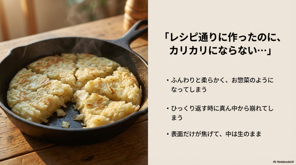 レシピ通りに作ったのにふんわりしてしまったり、ひっくり返す時に崩れたり、中が生のままになってしまうといった、ガレット作りによくある失敗例を紹介しています。