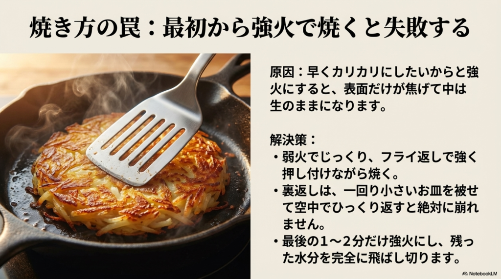 最初から強火にすると中が生焼けになるため、弱火でフライ返しで強く押し付けながら焼き、裏返しはお皿を使い、最後の1から2分だけ強火で水分を飛ばし切るという焼き方です。