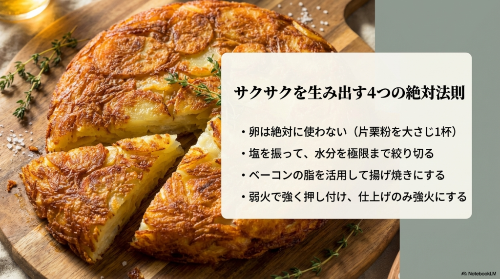 卵を使わない、塩を振って水分を絞り切る、ベーコンの脂で揚げ焼きにする、弱火で押し付けながら焼き最後に強火にする、というサクサクを生み出す4つの法則のまとめです。