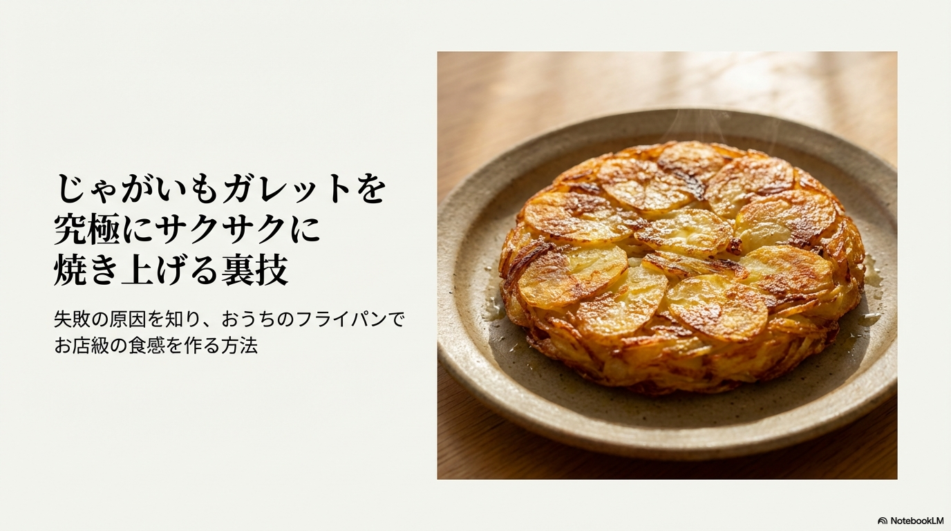 じゃがいもガレットを究極にサクサクに焼き上げるための裏技と、お店のような食感を作る方法をまとめたスライドの表紙です。